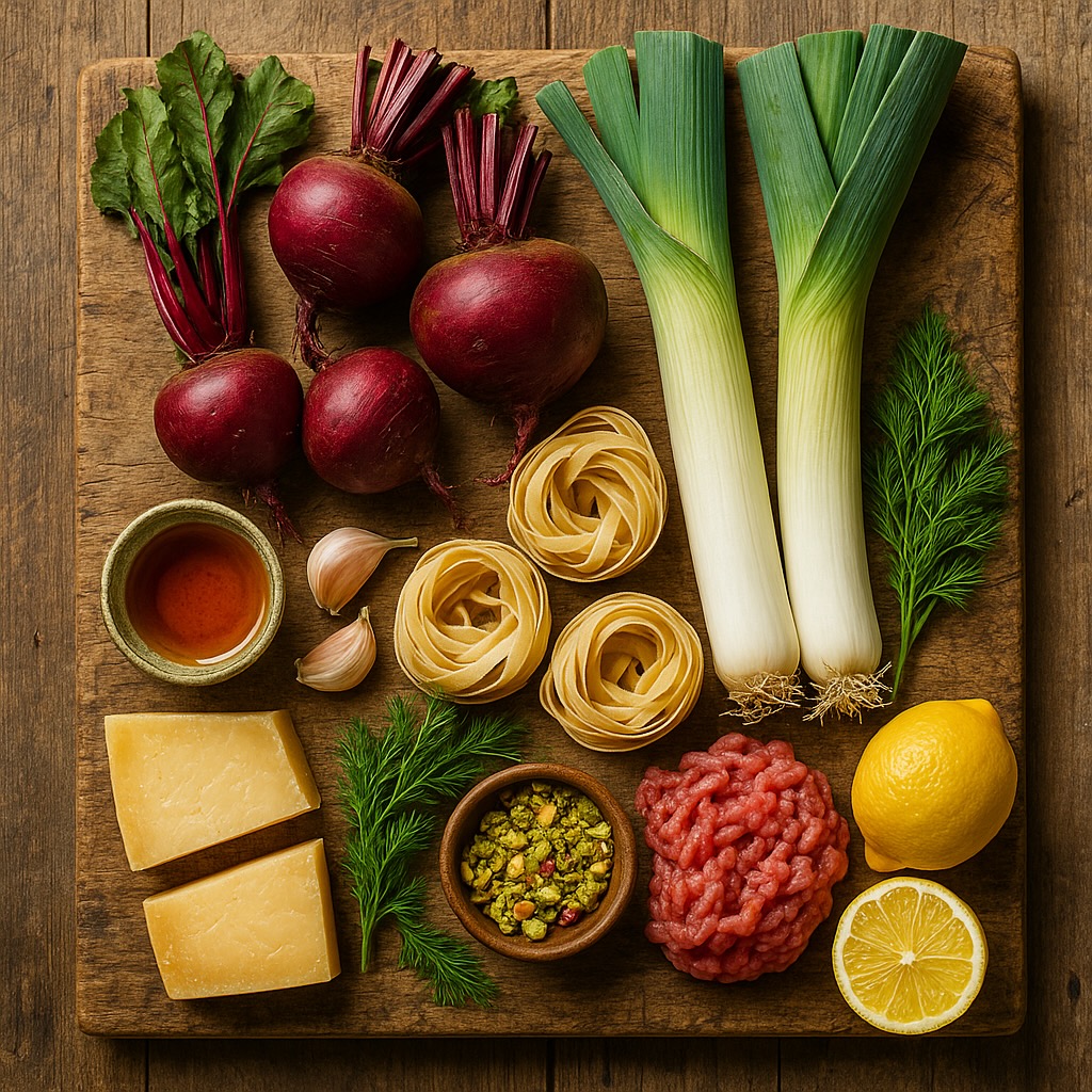 Ingrediënten voor Pasta met Biet en Prei