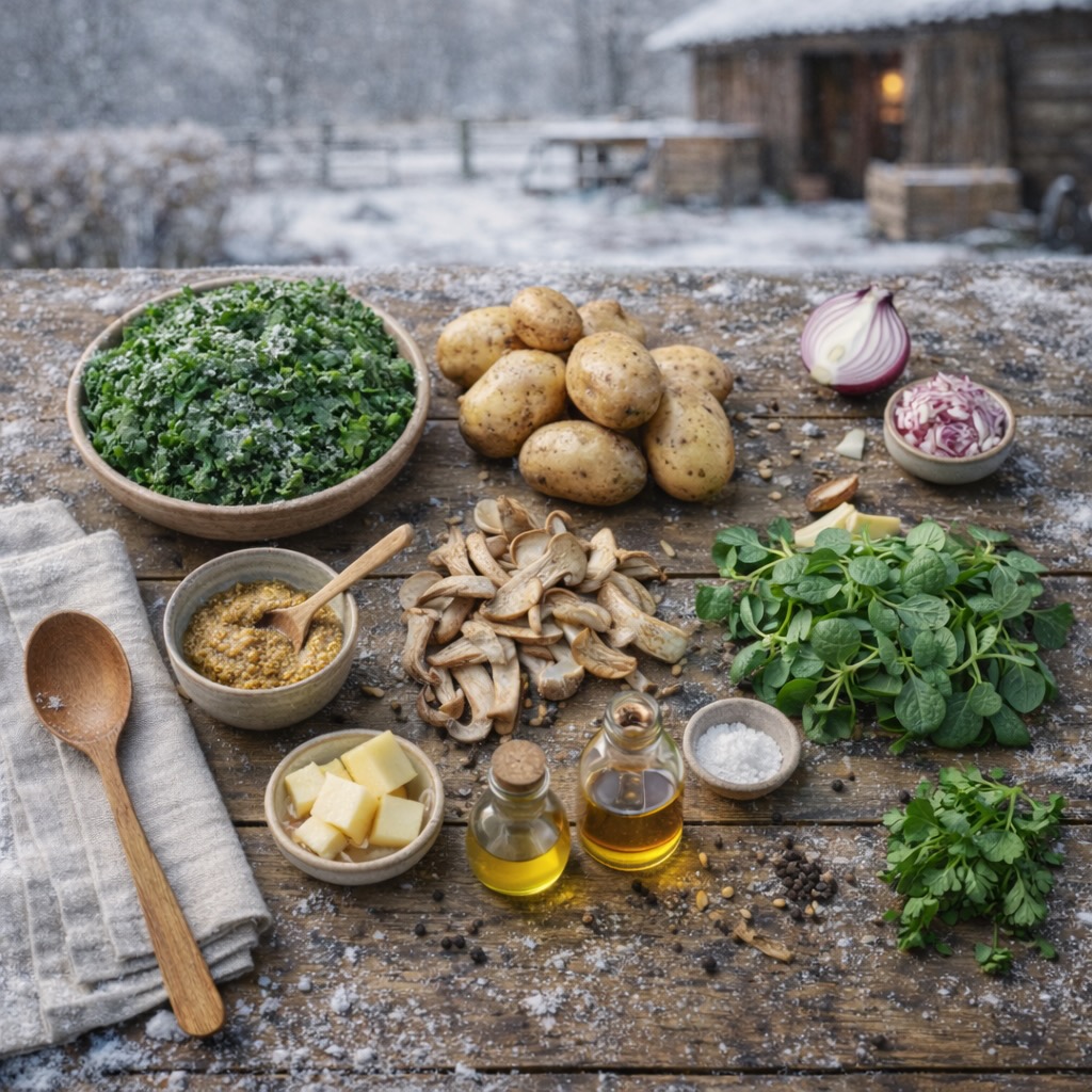 Ingrediënten voor stamppot boerenkool met knapperige oesterzwammen