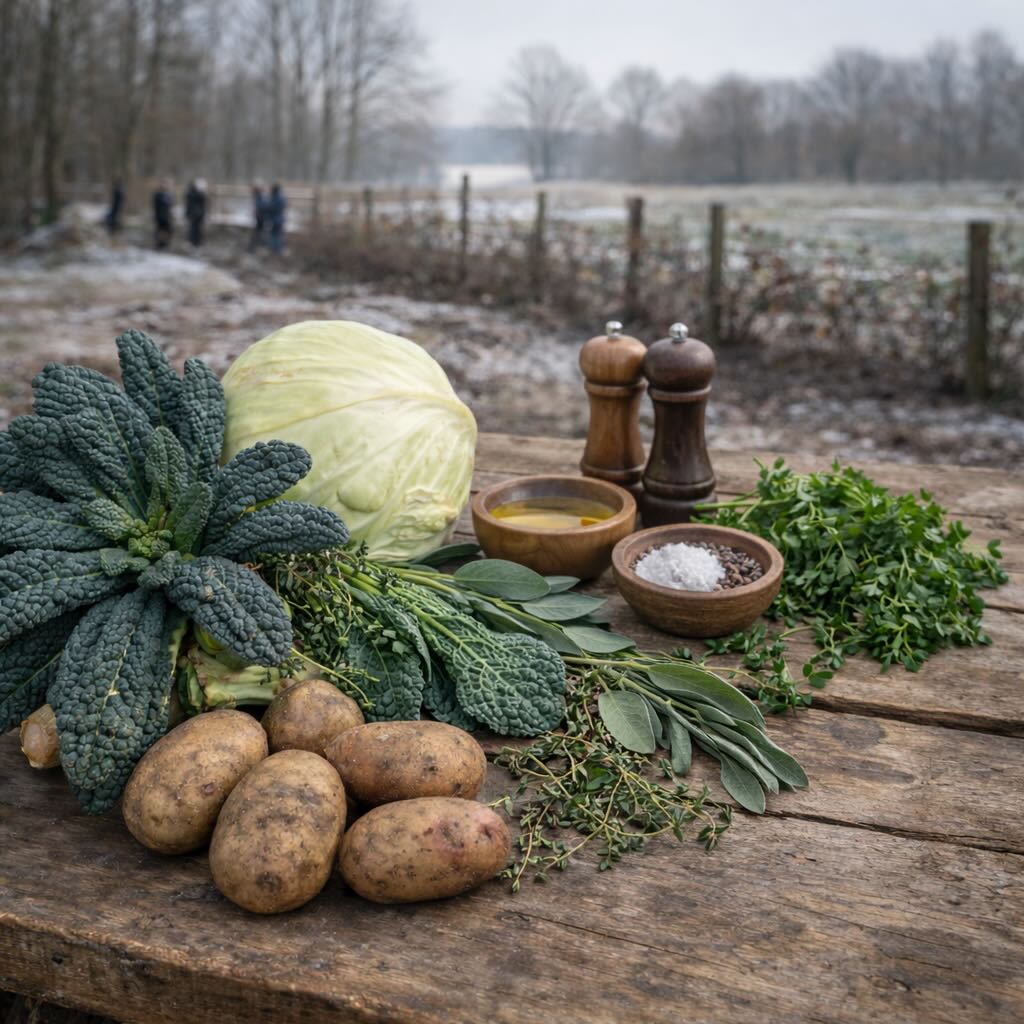 Verse witte kool, palmkool en aardappelen van de boer