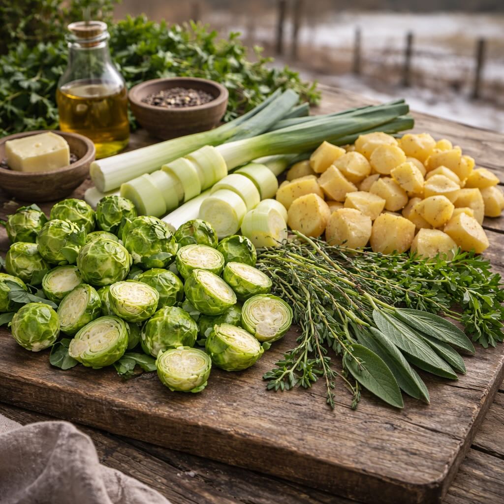 Verse spruiten, prei en aardappelen van de boer