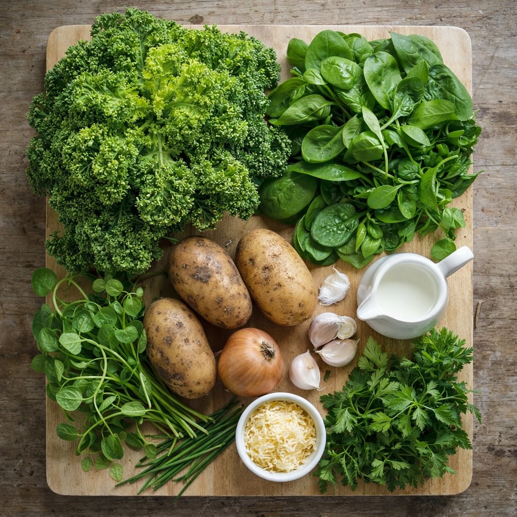 Ingrediënten voor groene ovenschotel met boerenkool, spinazie en winterpostelein