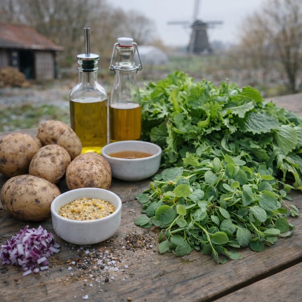 Ingrediënten voor aardappel-andijviegratin met winterposteleincrème