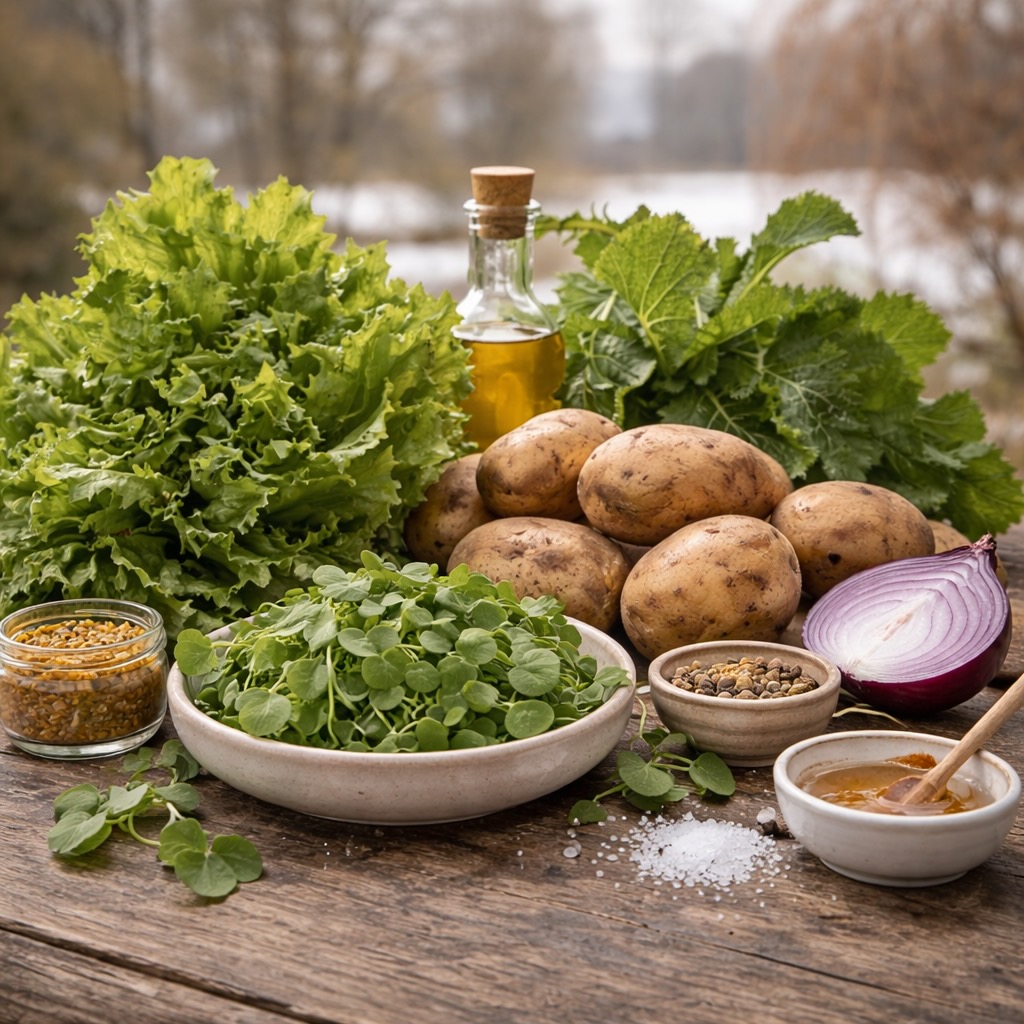 Ingrediënten voor lauwwarme stamppot met andijvie, winterpostelein en Grün im Schnee