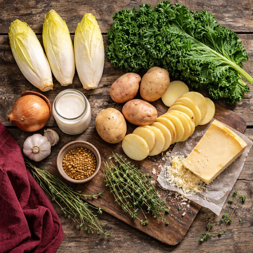 Ingrediënten voor winterse witlof-boerenkool ovenschotel