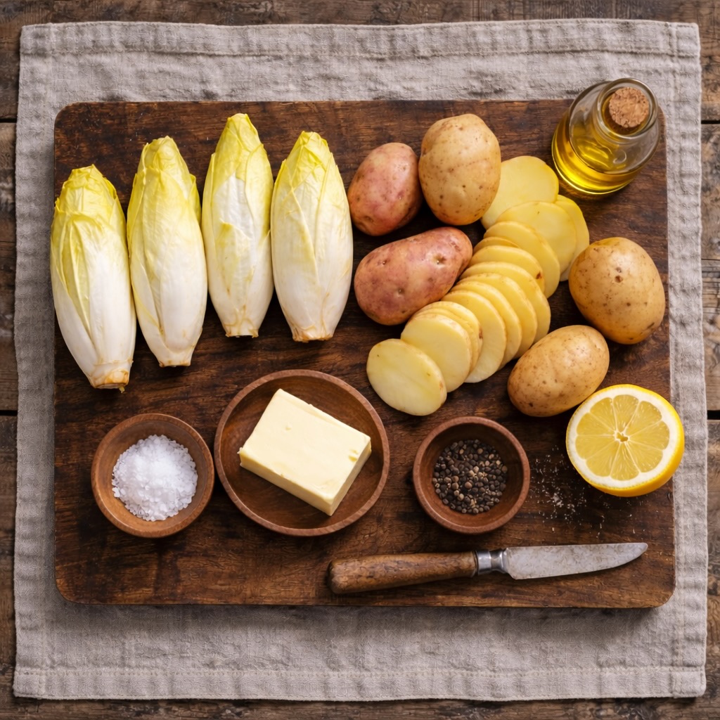 Ingrediënten voor gekaramelliseerde witlof-aardappel tatin