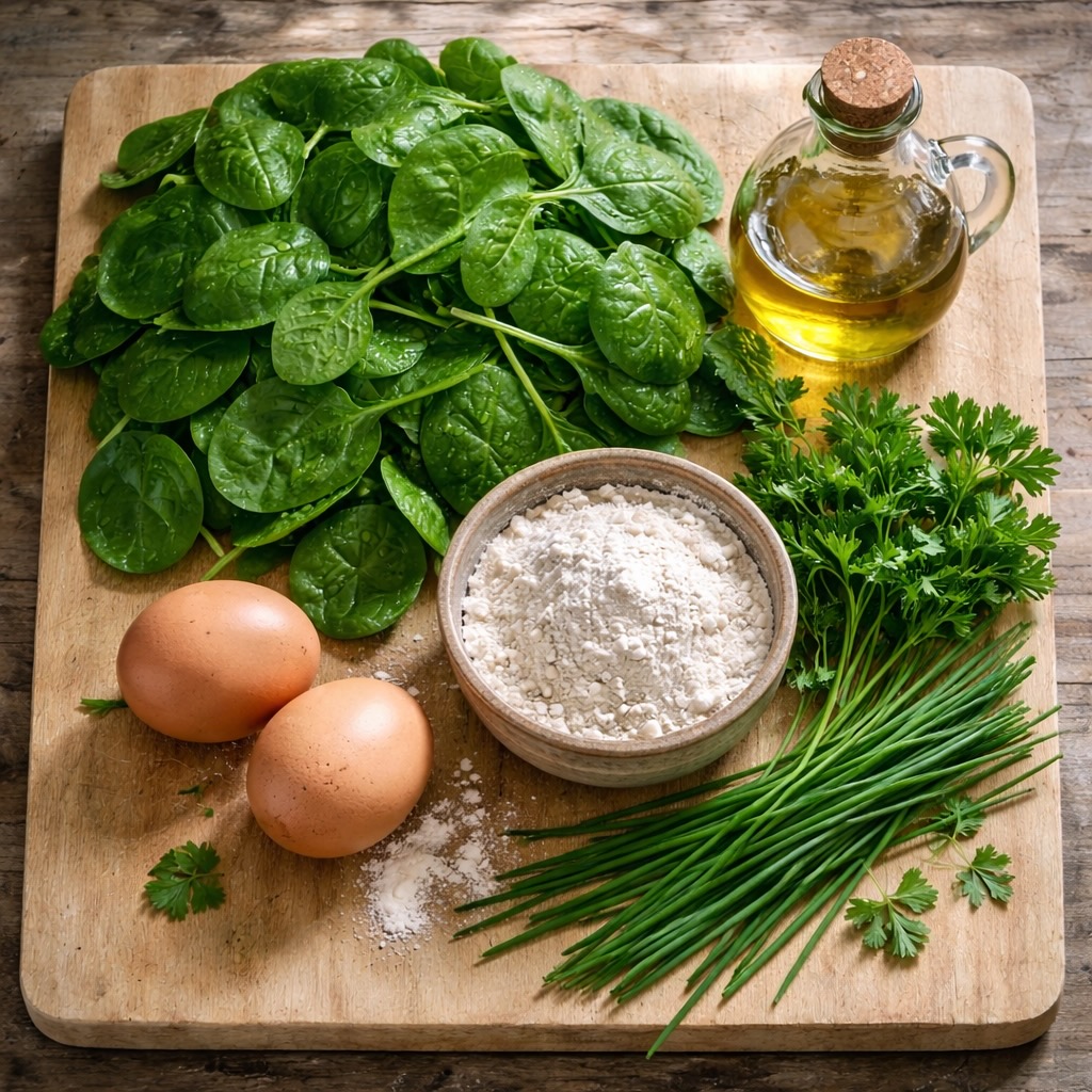 Ingrediënten voor spinazie-steaks: verse spinazie, eieren, bloem en kruiden