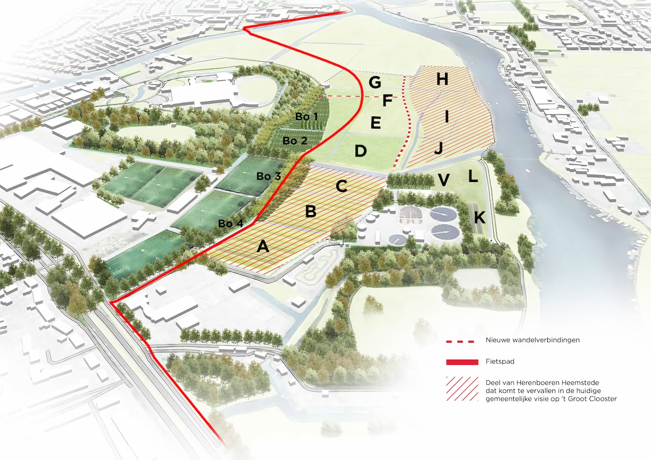 3D-weergave van het areaal van Herenboeren Heemstede en de impact van project 't Groot Clooster. Het gearceerde deel komt te vervallen door herverkaveling; de rode lijn toont het voorziene nieuwe fietspad dwars door het perceel.