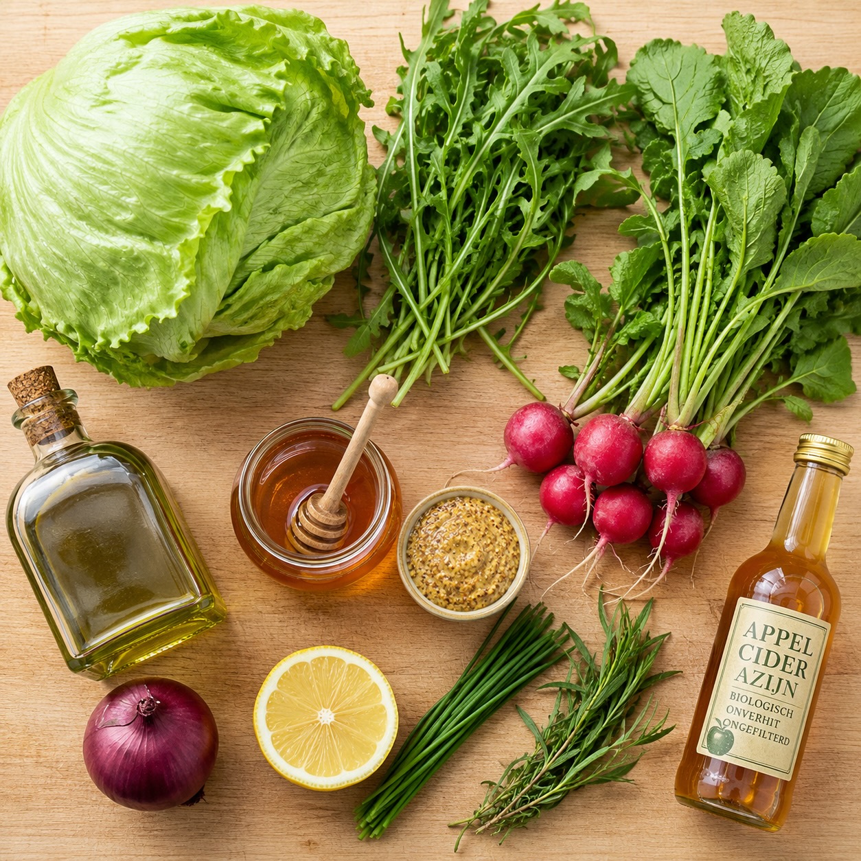 Ingrediënten voor knapperige oogstsalade met raapsteeltjes, radijs en ui