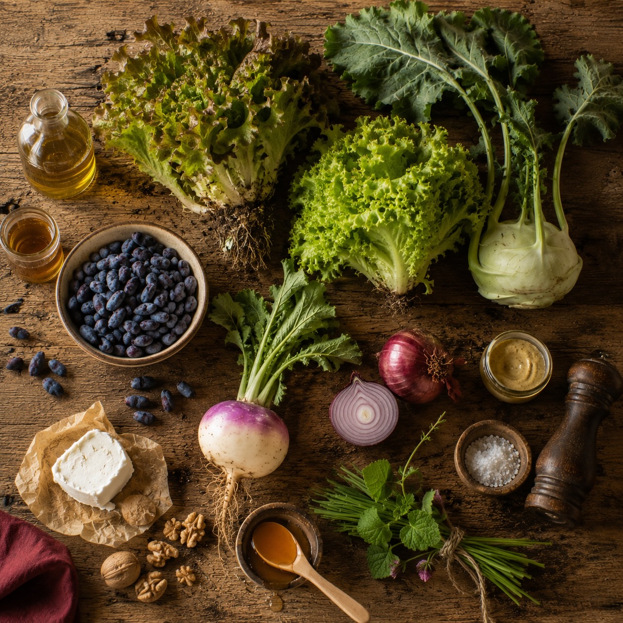 Ingrediënten voor zomerse oogstsalade met honingbessen