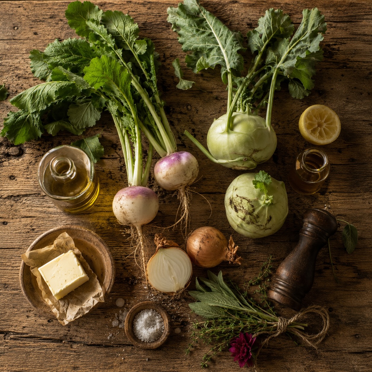 Ingrediënten voor lauwwarme meiraap en koolrabi met ui