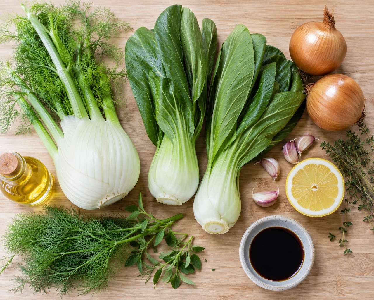 Ingrediënten voor roergebakken knolvenkel met paksoi
