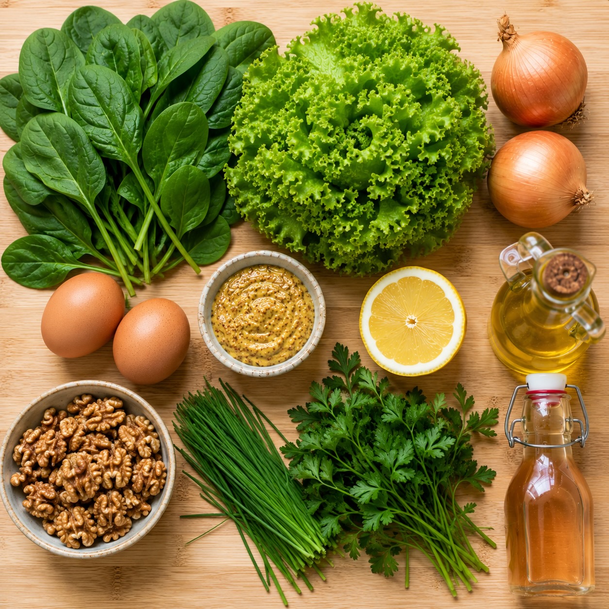 IngrediΓ«nten voor lauwwarme spinazie-krulsla schotel