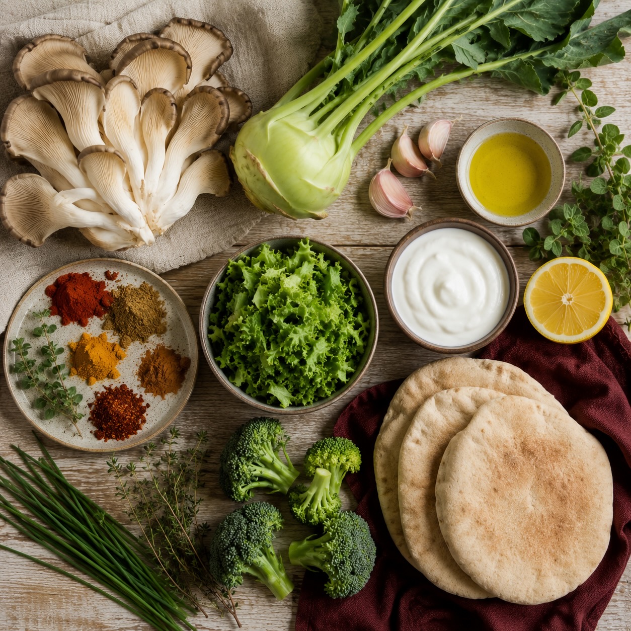 Ingrediënten voor oesterzwamshoarma met knoflook-yoghurtsaus