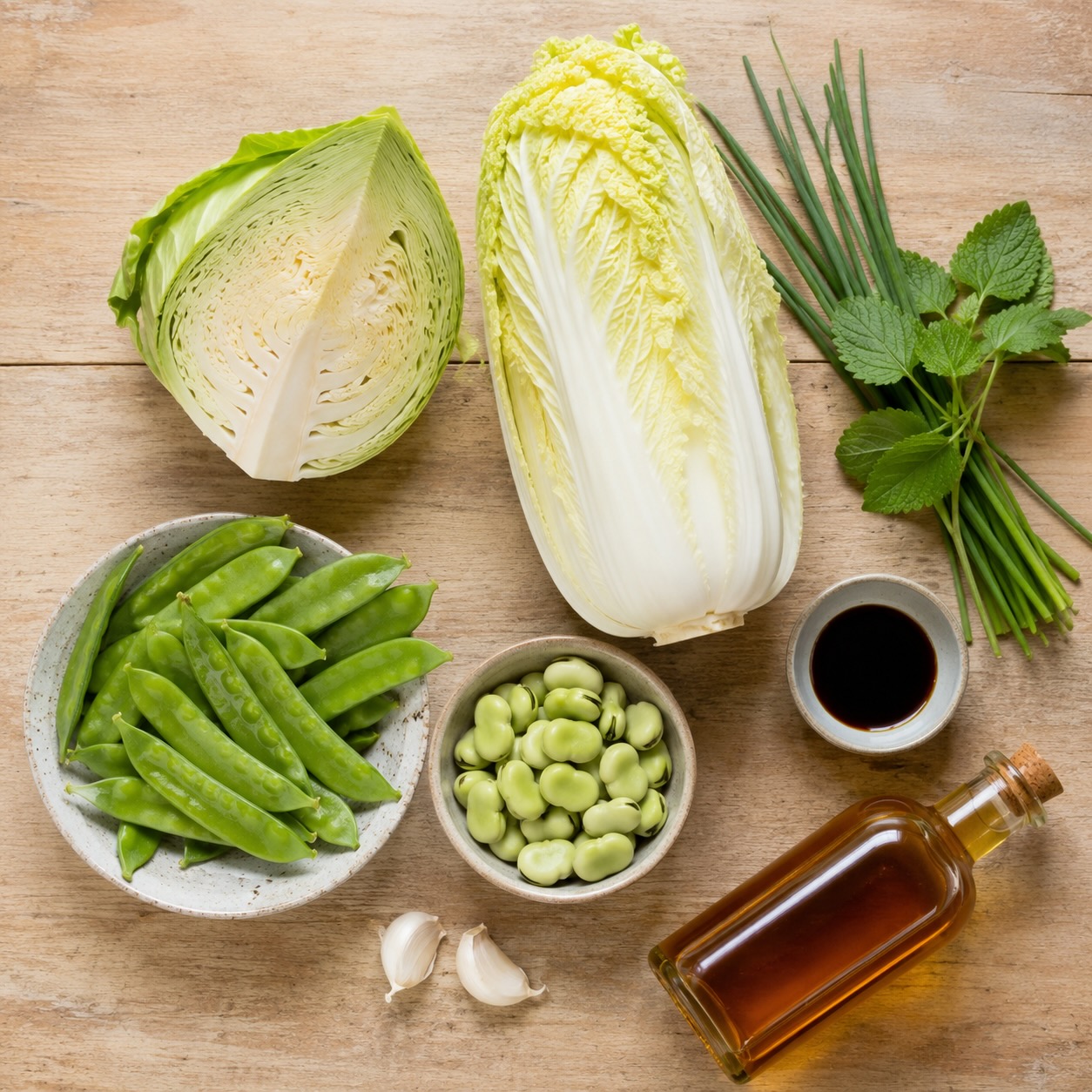 Ingrediënten voor de Aziatische roerbak van spitskool, Chinese kool, peultjes en tuinbonen