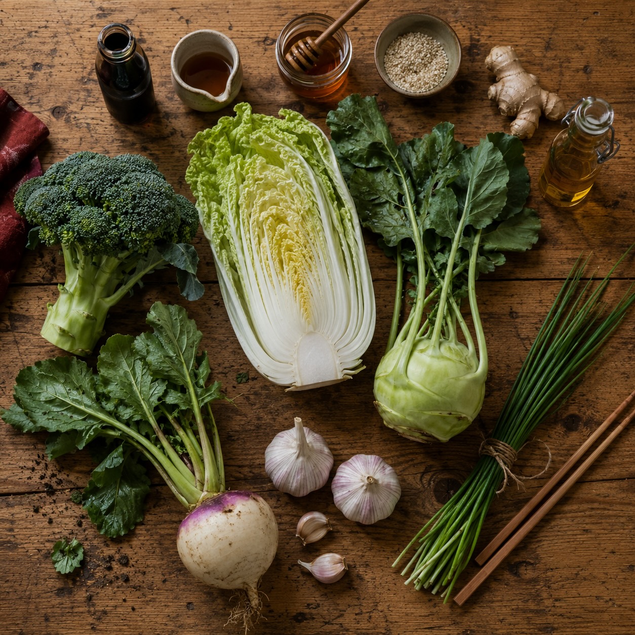 Ingrediënten voor Aziatische roerbak met Chinese kool, broccoli en koolrabi