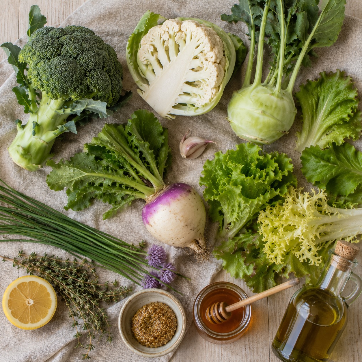 Ingrediënten voor gegrilde broccoli, bloemkool en koolrabi met frisse sla-salade