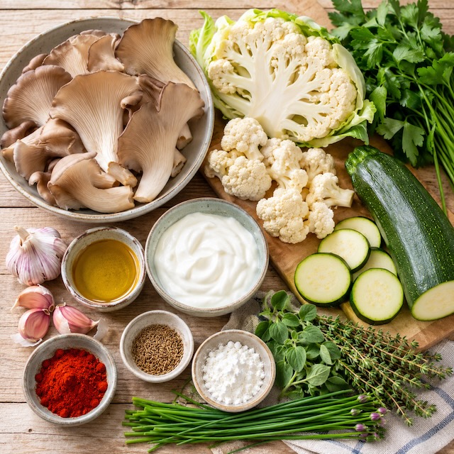 IngrediΓ«nten voor krokante oesterzwammen met geroosterde bloemkool, courgette en groene kruidensaus