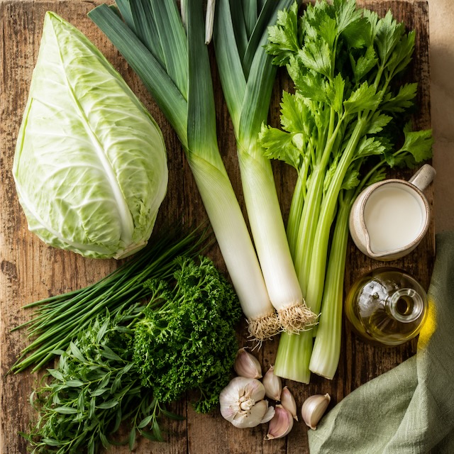 Ingrediënten voor romige spitskool met prei, groenselderij en verse kruiden