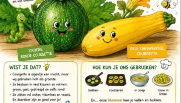 Kookweetje voor kids: groene ronde en gele langwerpige courgette van dezelfde plant, met weetjes en tips.