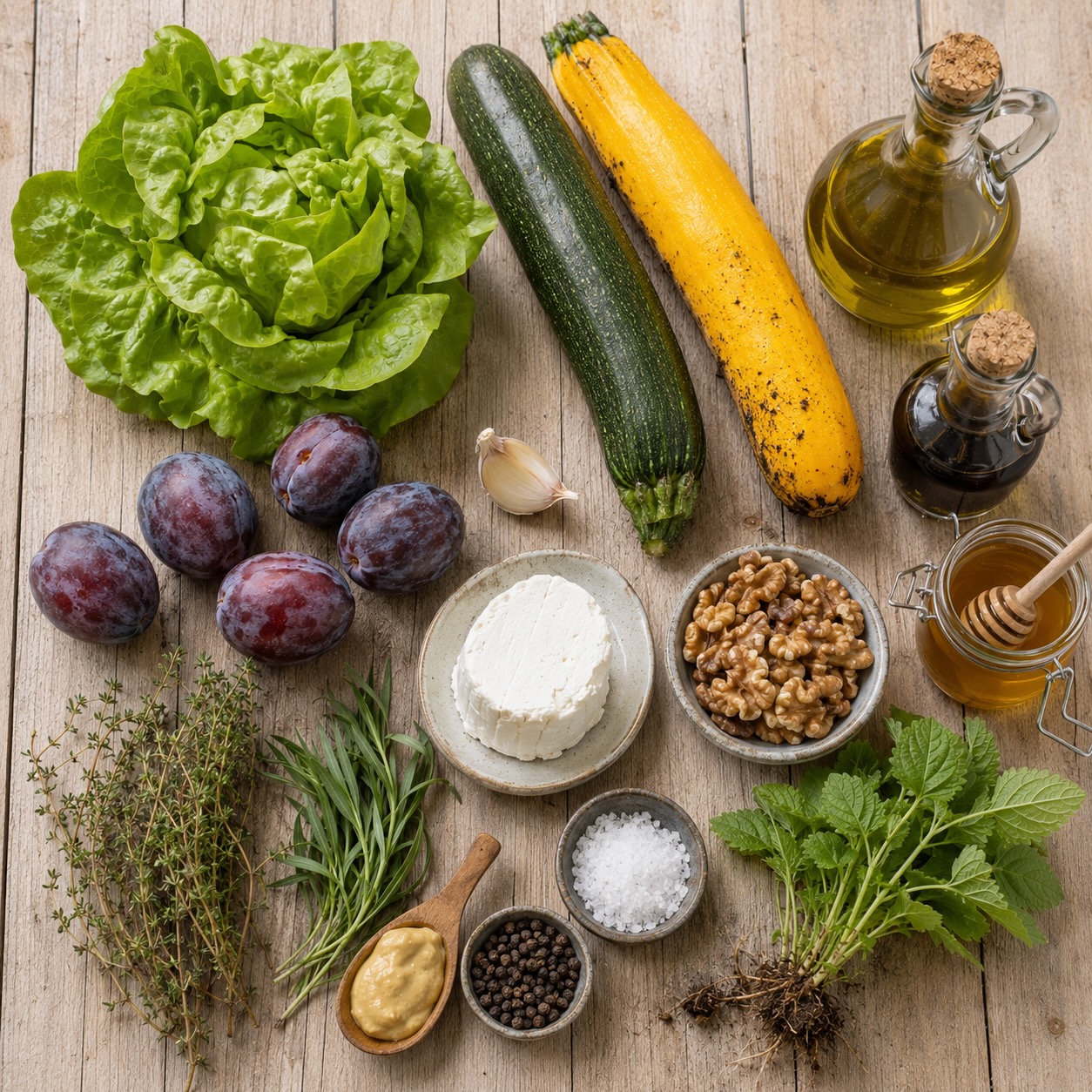 Ingrediënten voor lauwwarme salade van geroosterde courgette, pruimen en botersla