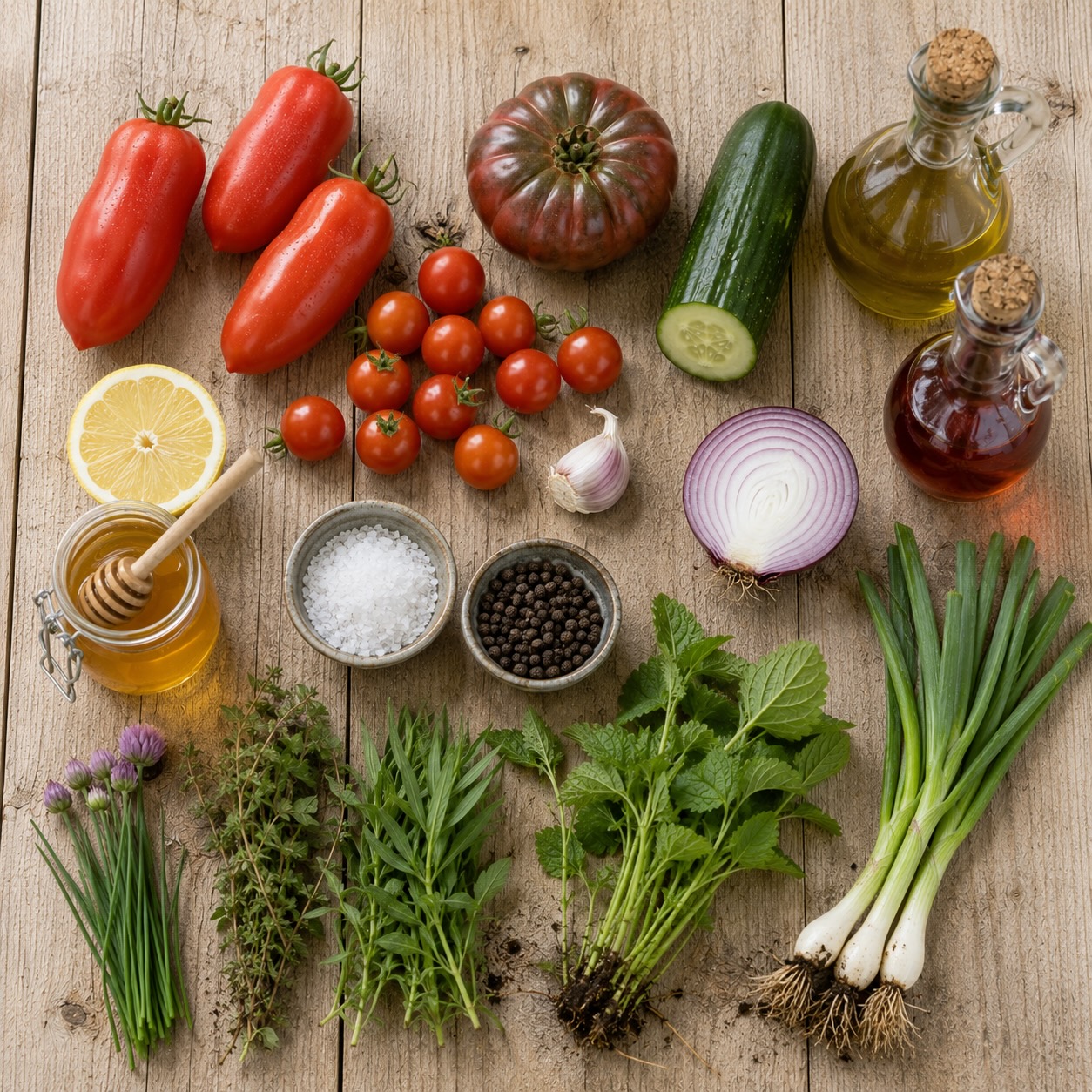 Ingrediënten voor verse salsa van tomaat, komkommer en knoflook