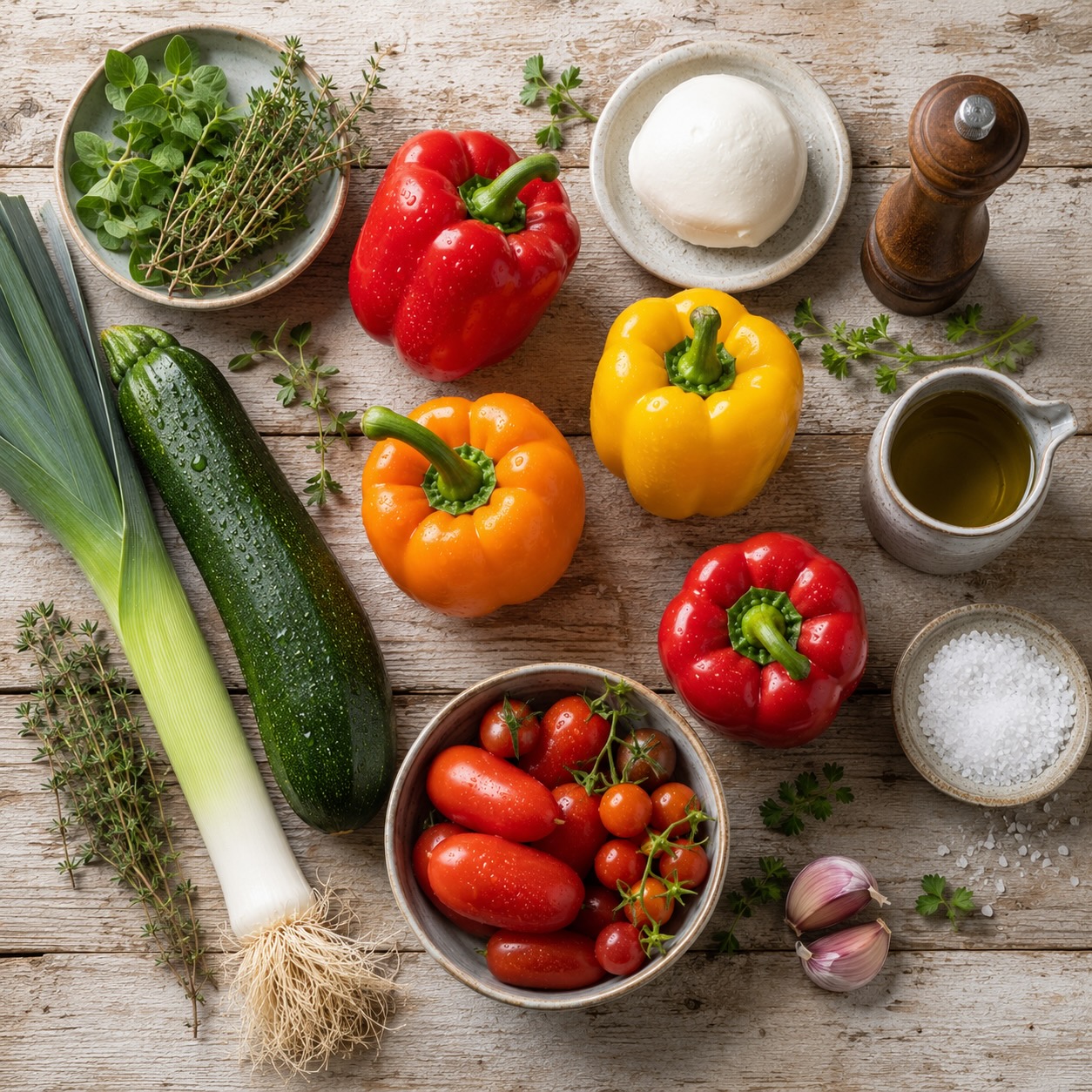Ingrediënten voor gevulde paprika's met zomergroenten (AI-gegenereerde afbeelding)