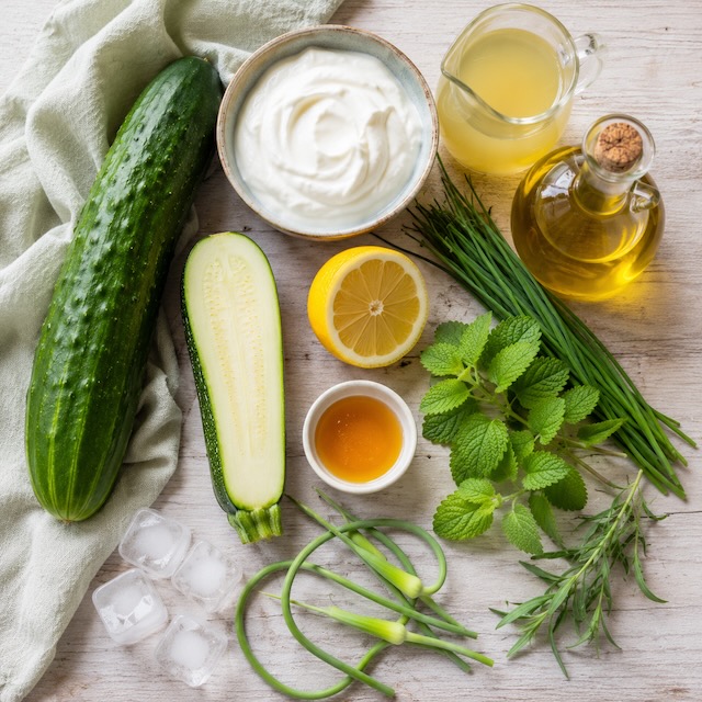 IngrediΓ«nten voor koude komkommer-courgettesoep met yoghurt en verse kruiden