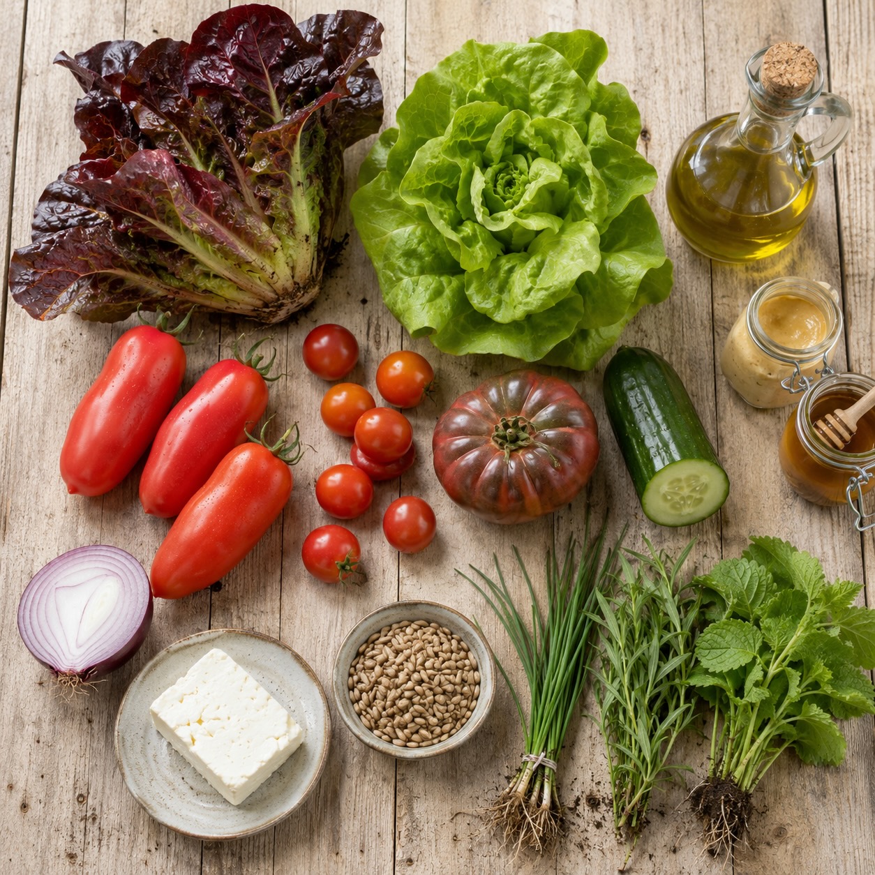 Ingrediënten voor zomerse salade met rode romaine, botersla en drie soorten tomaat
