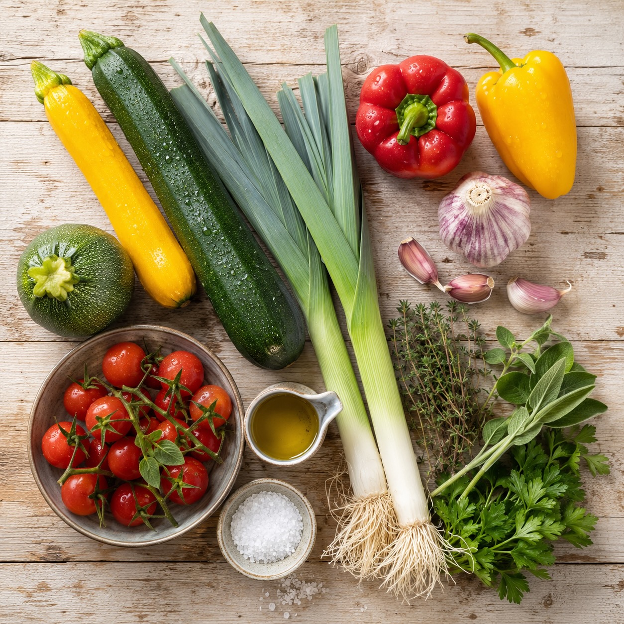 Ingrediënten voor bakplaat met geroosterde zomergroenten