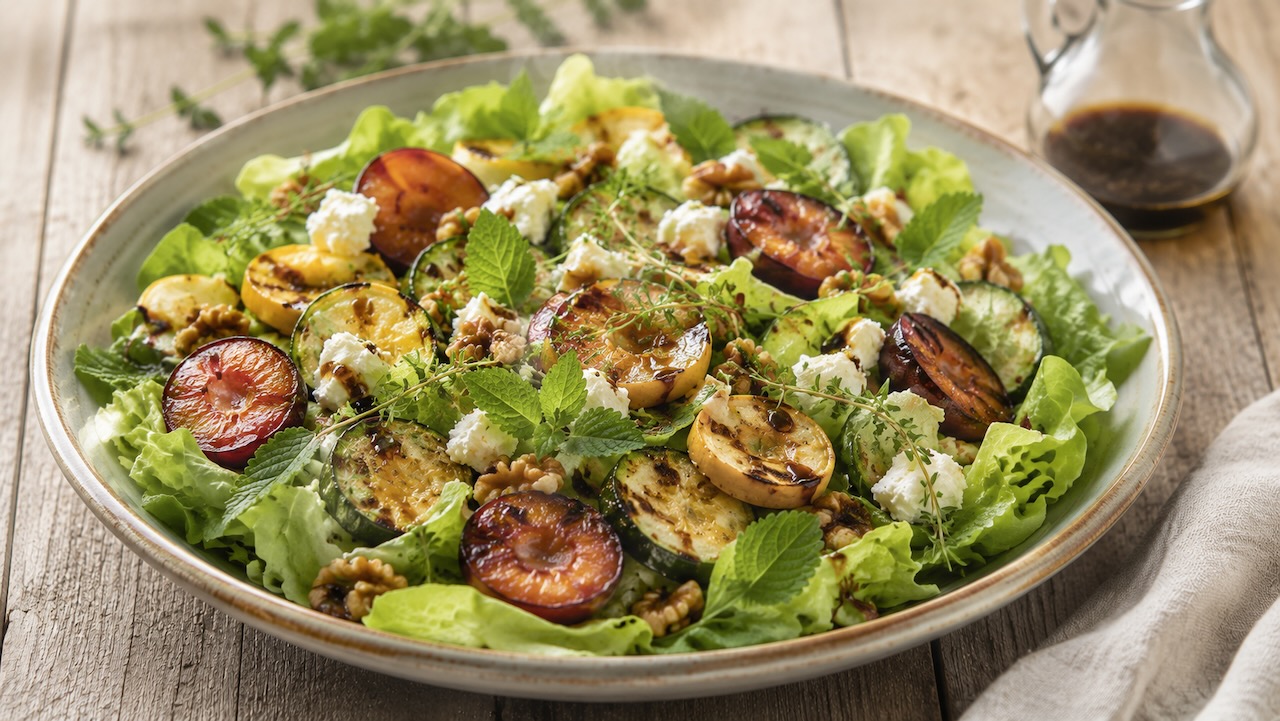 Lauwwarme salade van geroosterde courgette, pruimen en botersla