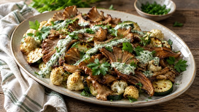 Krokante oesterzwammen met geroosterde bloemkool, courgette en groene kruidensaus