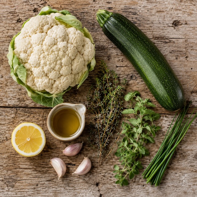 Ingrediënten voor geroosterde bloemkool met courgette, knoflook en verse kruiden