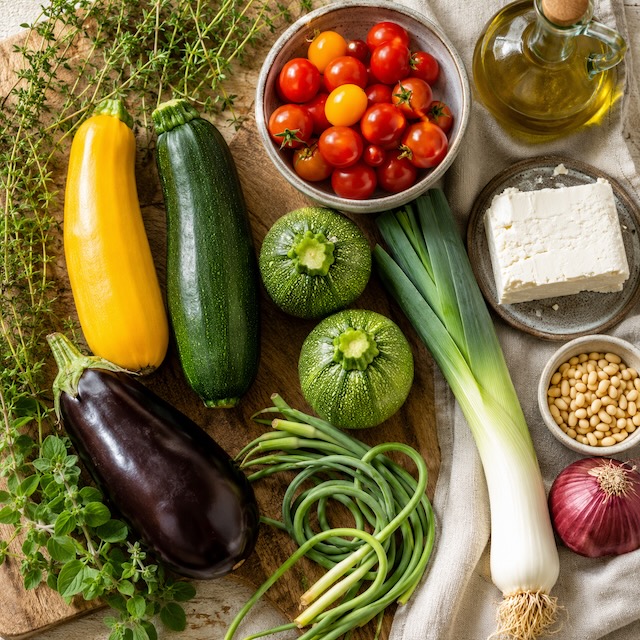 Ingrediënten voor mediterrane ovenschaal met courgette en aubergine