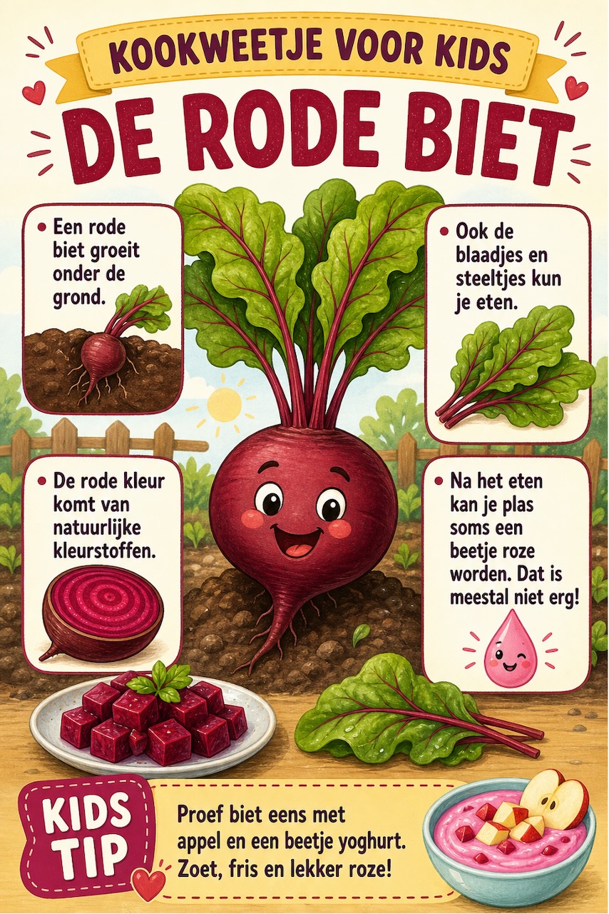 Praatplaat rode biet voor kids met een lachende biet in de moestuin en weetjes over de knol, de blaadjes en de rode kleur (AI-gegenereerde afbeelding)