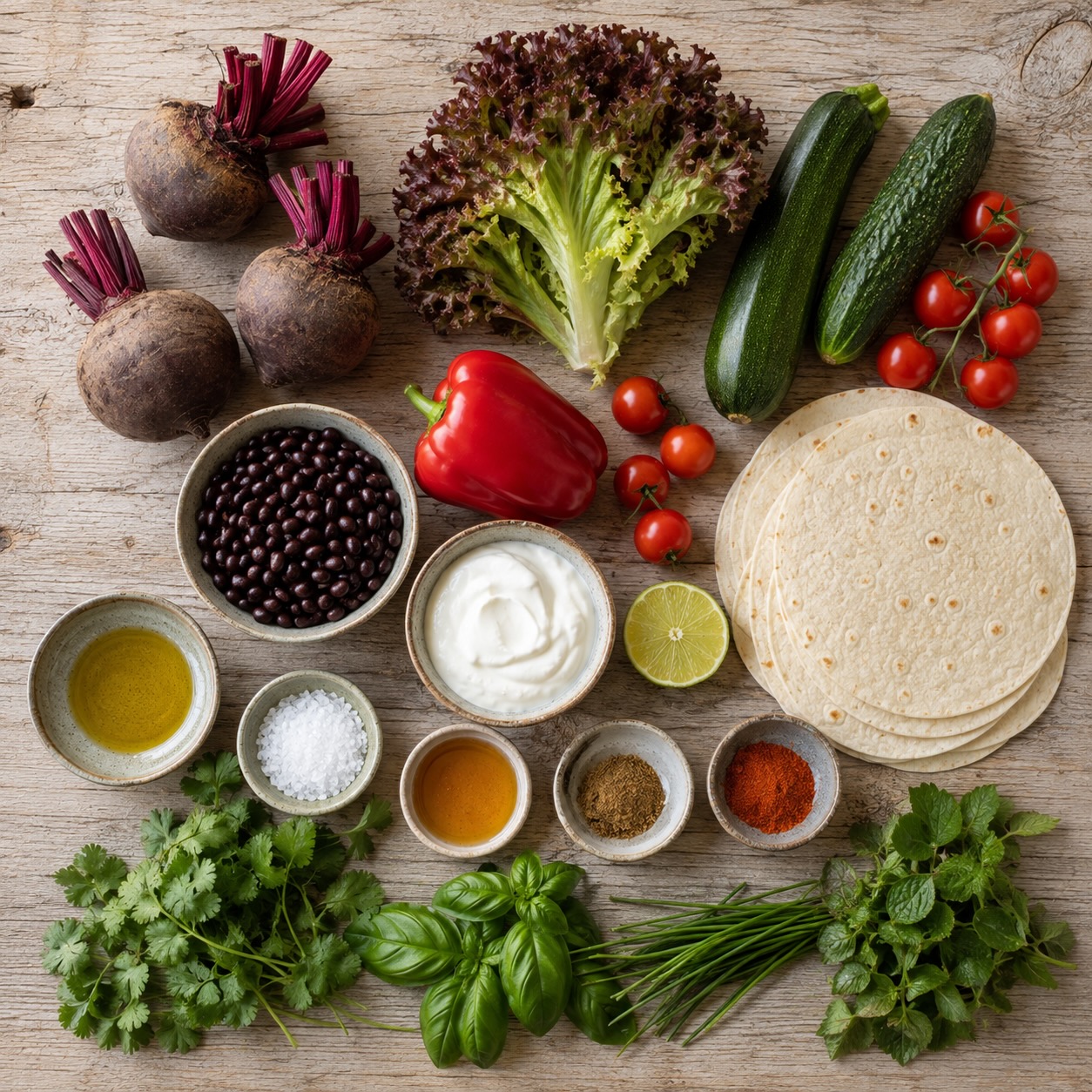 IngrediΓ«nten voor Oogstwraps met geroosterde biet en frisse komkommersalade (AI-gegenereerde afbeelding)