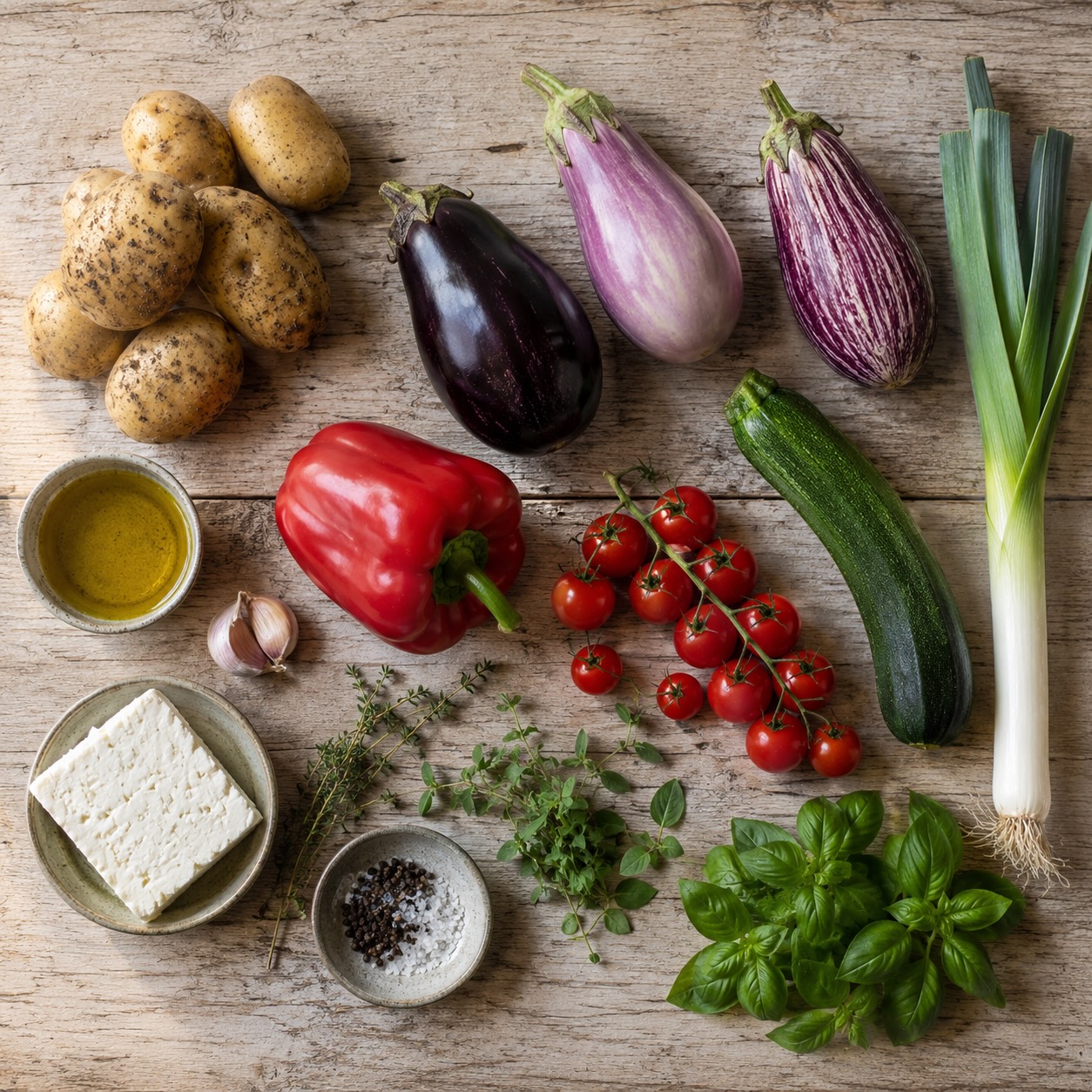 IngrediΓ«nten voor Mediterrane aardappel-aubergineschotel (AI-gegenereerde afbeelding)