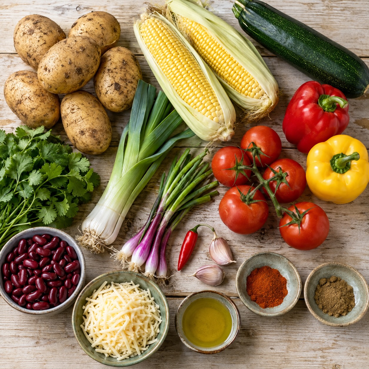 Ingrediënten voor Mexicaanse aardappel-maïsschotel (AI-gegenereerde afbeelding)