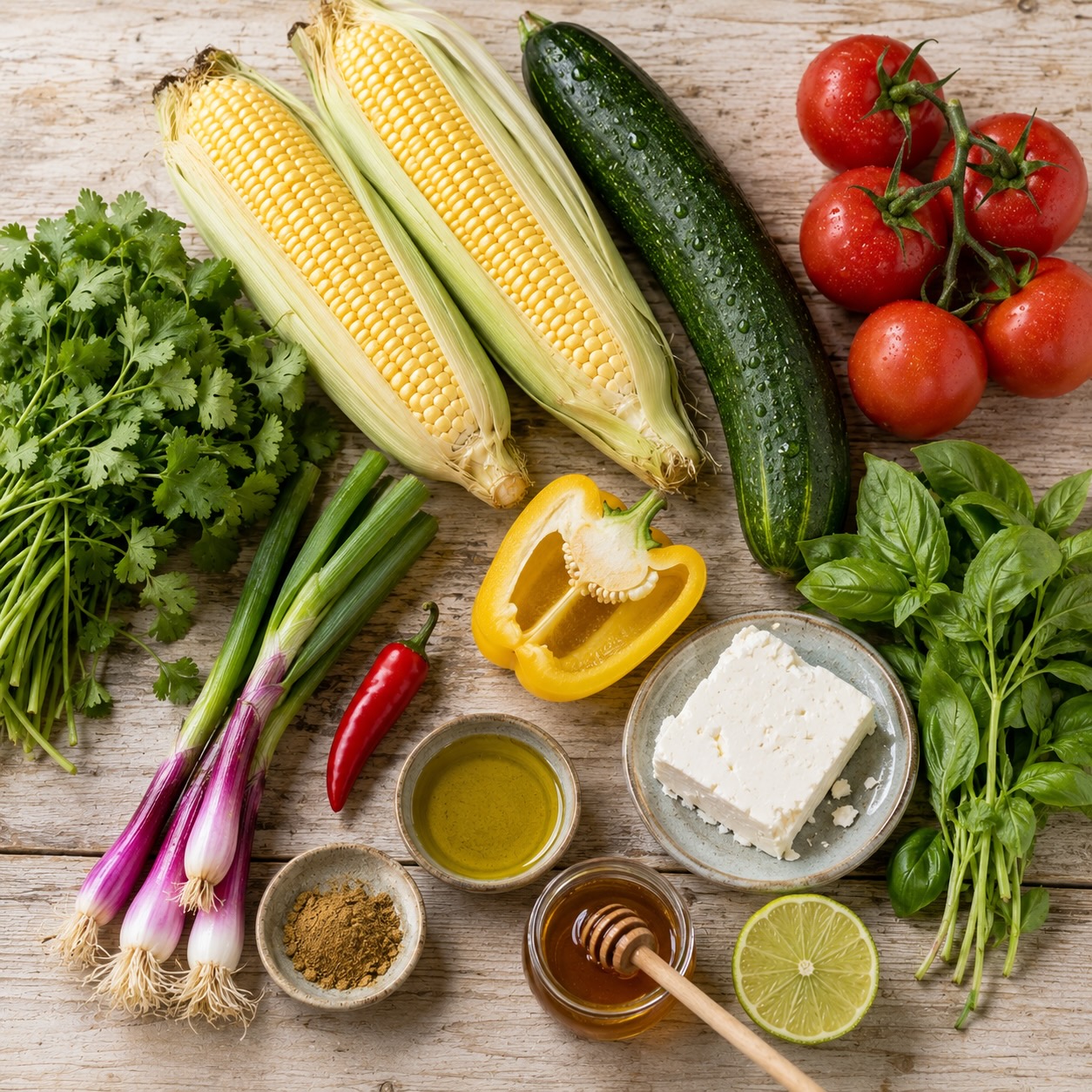 Ingrediënten voor Frisse komkommer-maïssalade (AI-gegenereerde afbeelding)