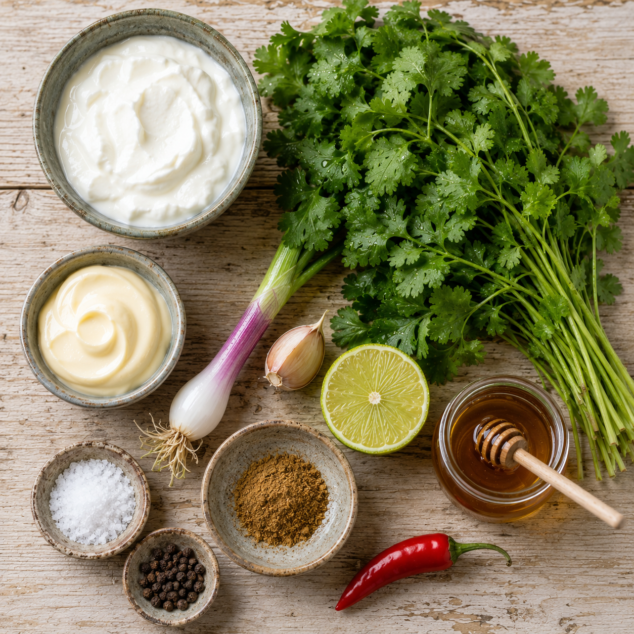 Ingrediënten voor Frisse korianderdip (AI-gegenereerde afbeelding)