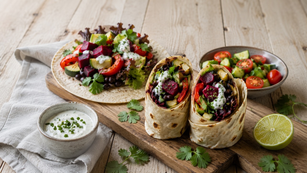 Oogstwraps met geroosterde biet en frisse komkommersalade (AI-gegenereerde afbeelding)