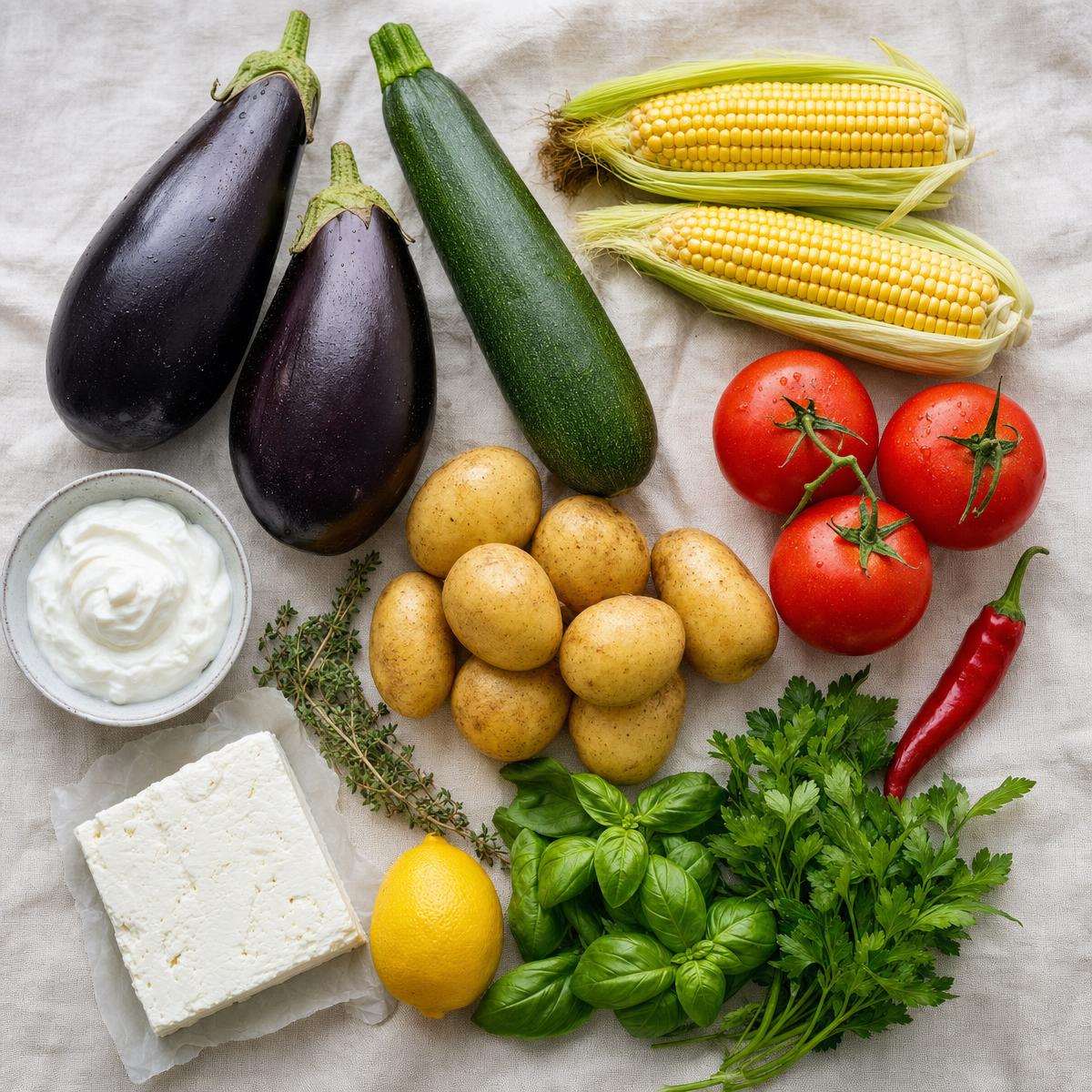 Ingrediënten voor Geroosterde aubergine en courgette met maiscrème en tomatensalsa (AI-gegenereerde afbeelding)
