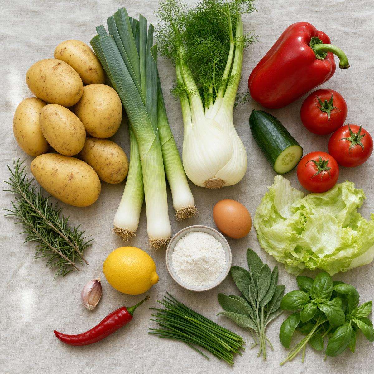 Ingrediënten voor Aardappelkoekjes met gekaramelliseerde prei, knolvenkel en salie (AI-gegenereerde afbeelding)