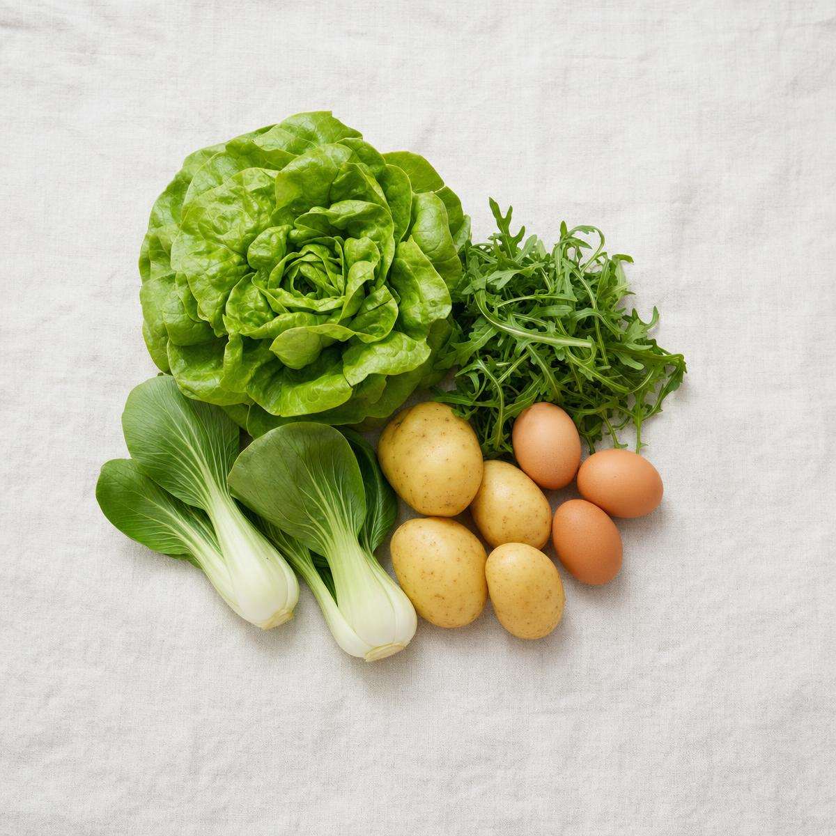 Ingrediënten voor de maaltijdsalade met kropsla (AI-gegenereerde afbeelding)