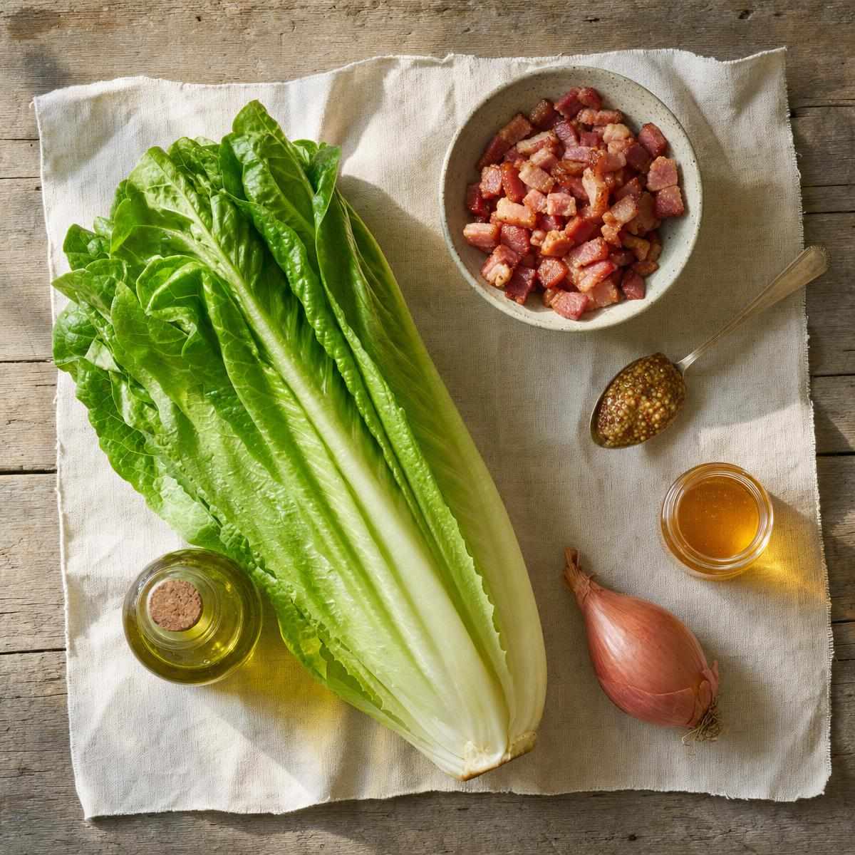 Ingrediënten voor Bindsla met spekjes en mosterddressing (AI-gegenereerde afbeelding)