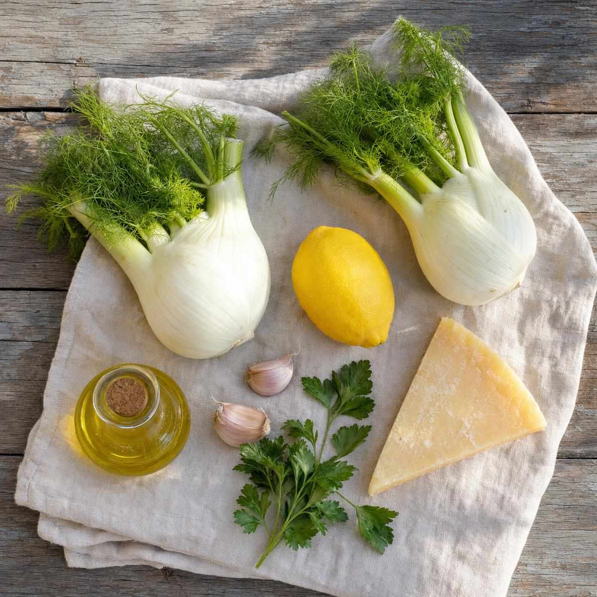 Ingrediënten voor Geroosterde venkel met citroen en Parmezaan (AI-gegenereerde afbeelding)