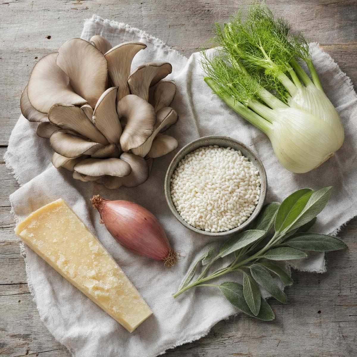 Ingrediënten voor risotto met oesterzwammen (AI-gegenereerde afbeelding)