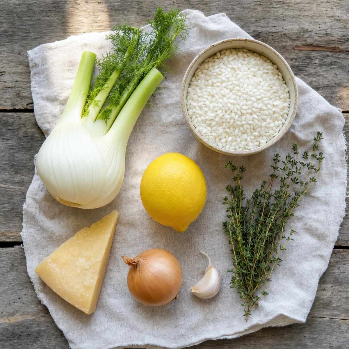 Ingrediënten voor Romige venkelrisotto met citroen en tijm (AI-gegenereerde afbeelding)