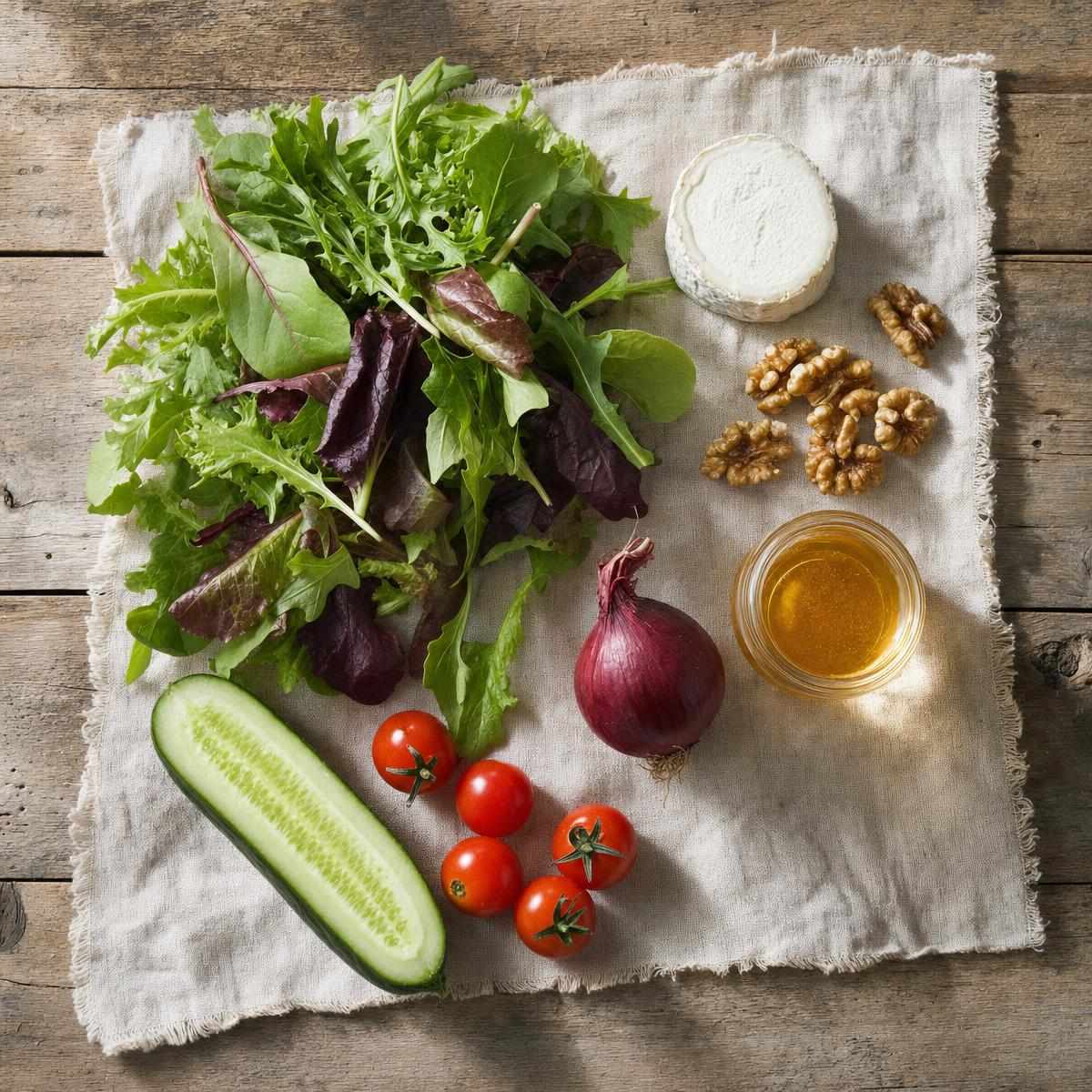 Ingrediënten voor Tricolore sla met geitenkaas, walnoten en honingdressing (AI-gegenereerde afbeelding)