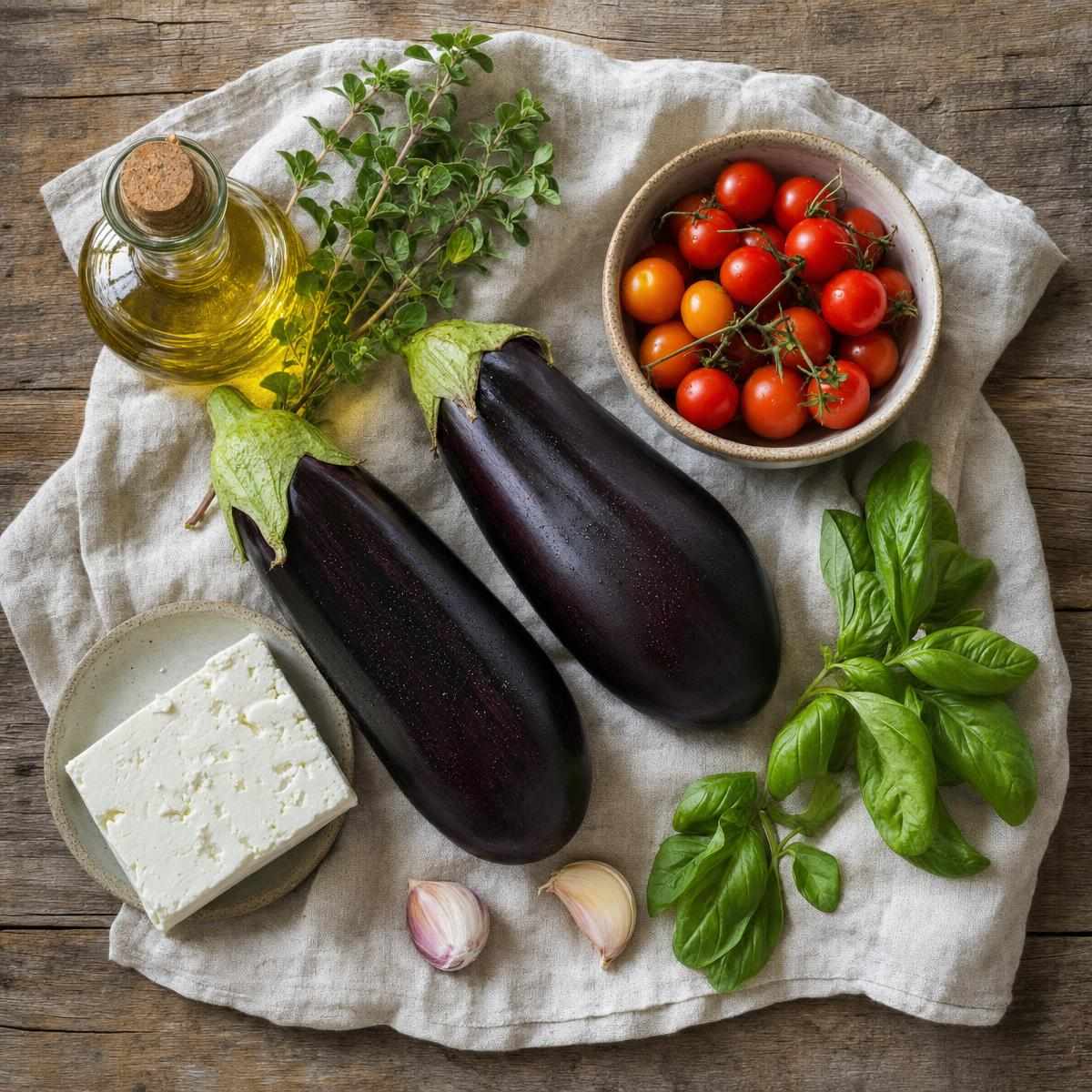 Ingrediënten voor Geroosterde aubergine met feta, knoflook en tomaat (AI-gegenereerde afbeelding)