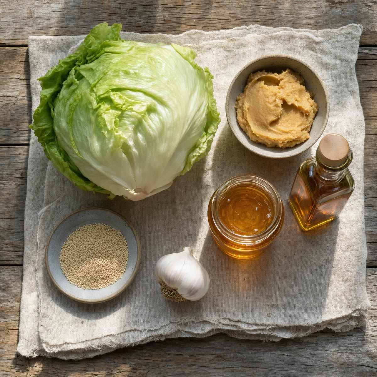 Ingrediënten voor Gegrilde ijsbergsla met misodressing en knapperige knoflook (AI-gegenereerde afbeelding)